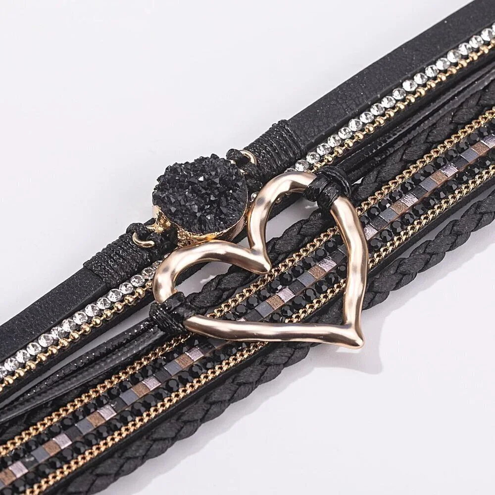 Leather Wrap Bracelet Faux Leather Boho Cuff Bangles Trendy Rhinestone